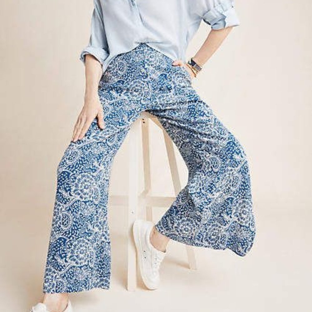 Anthro Maeve Anika Blue White Printed Pants Small